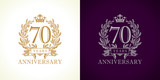 70 anniversary luxury logo. Template logo 70th royal anniversary with a frame in the form of laurel branches and the number seventy.