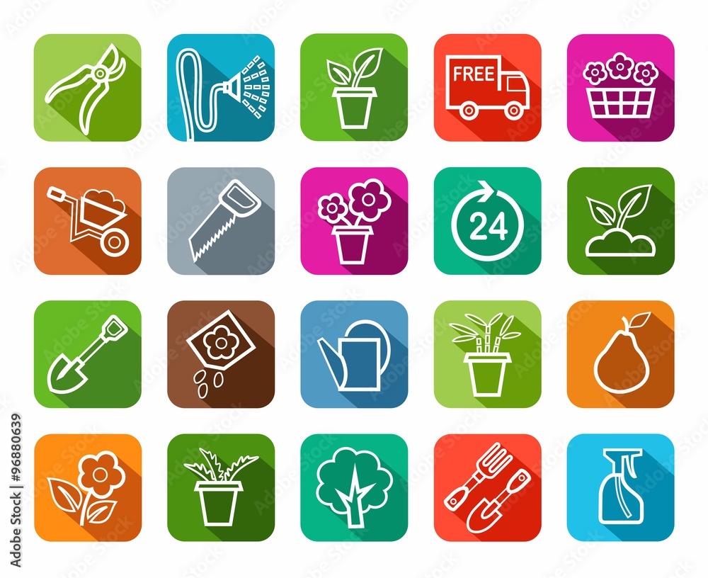Gardening, icons, line, color background. Gardening, icons, line, color background.