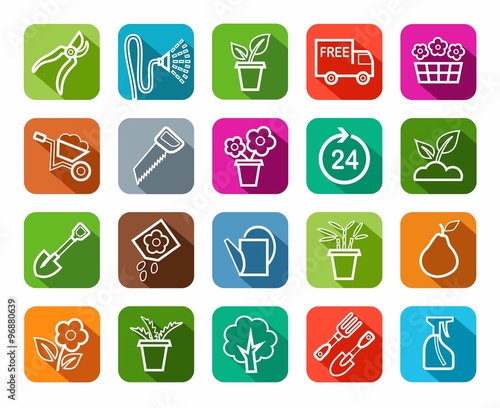 Gardening, icons, line, color background. 