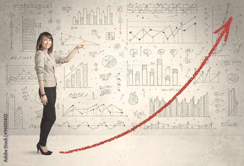 Business woman climbing on red graph arrow concept
