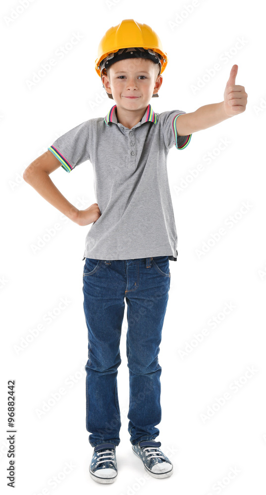Little boy in yellow helmet isolated on white background Little boy in yellow helmet isolated on white background