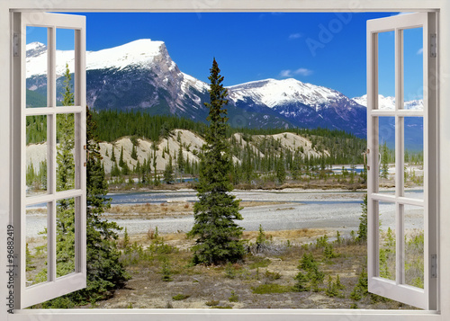 Open window view to Rockies Mountains, Banff, Canada