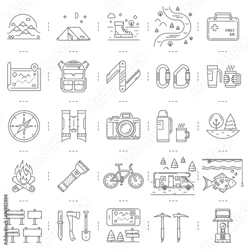 Line icons set of camping, hiking and tourism