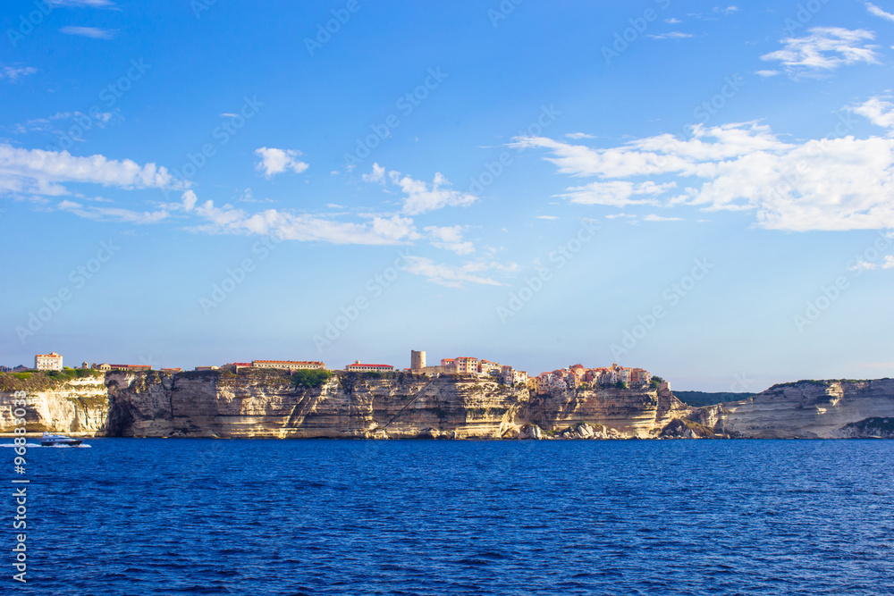 View of beautiful city of Bonifacio from boat, Corsica, France