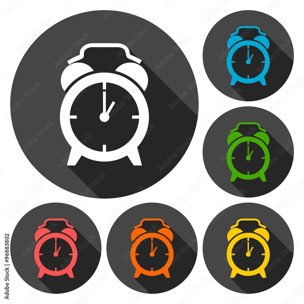 Alarm Clock icons set with long shadow Alarm Clock icons set with long shadow