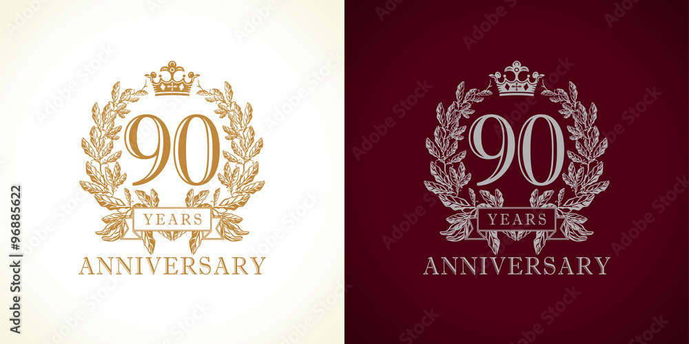 90 anniversary luxury logo. Template logo 90th royal anniversary with a frame in the form of laurel branches and the number ninety. 