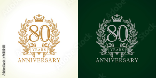 80 anniversary luxury logo. Template logo 80th royal anniversary with a frame in the form of laurel branches and the number eighty. 