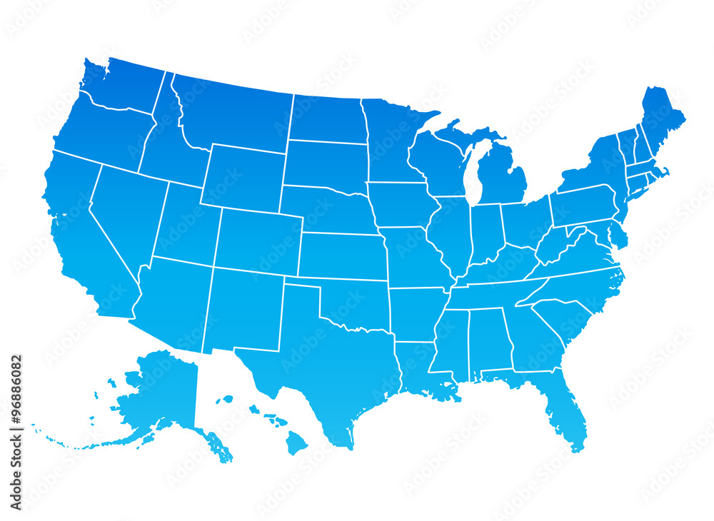 Map of the United States of America. USA map, blue color. Stock