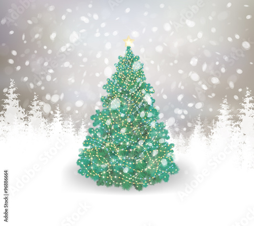 Vector Christmas tree on snowy background.