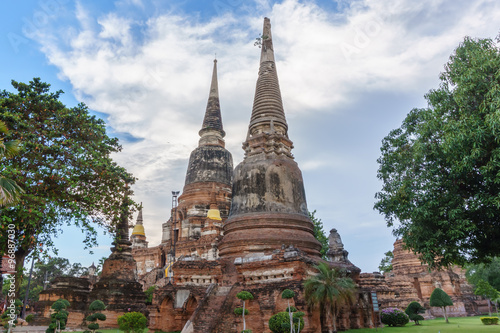 old pagoda and blue sky in public temple of Ayutthaya