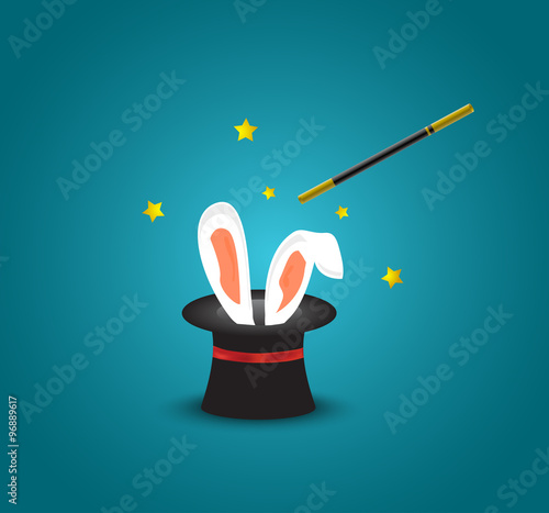 Magic hat with rabbit ears.Magic trick with rabbit ears appear from the magic top hat
