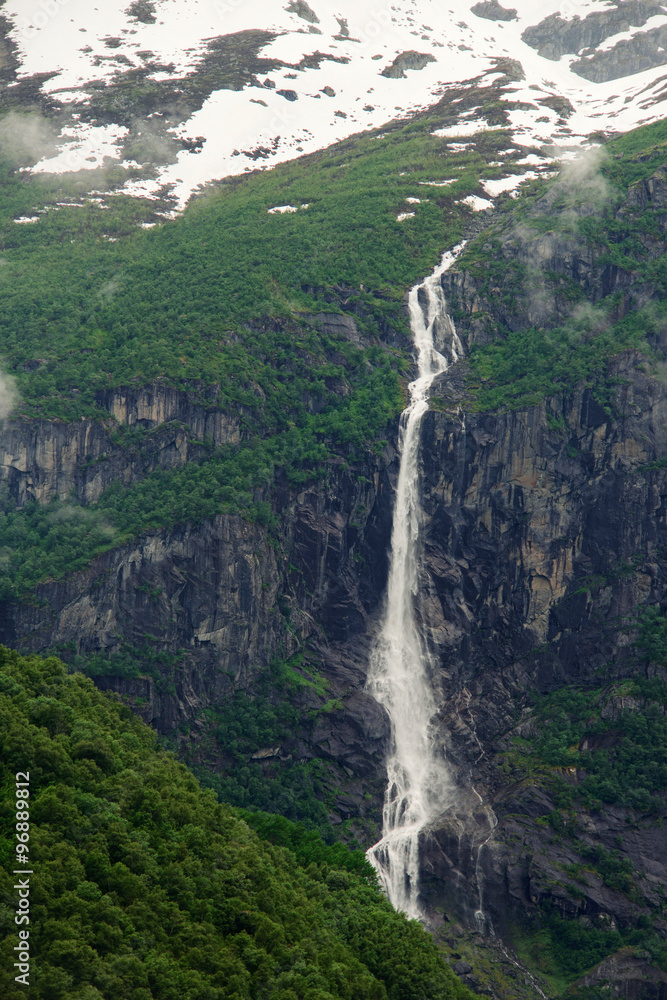 Waterfall near glacier - Norway - nature and travel background. Power of nature 