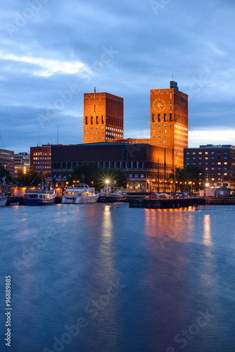 Oslo, Norway - July 15, 2015: Evening View of The Oslo city Hall near the water, Norway