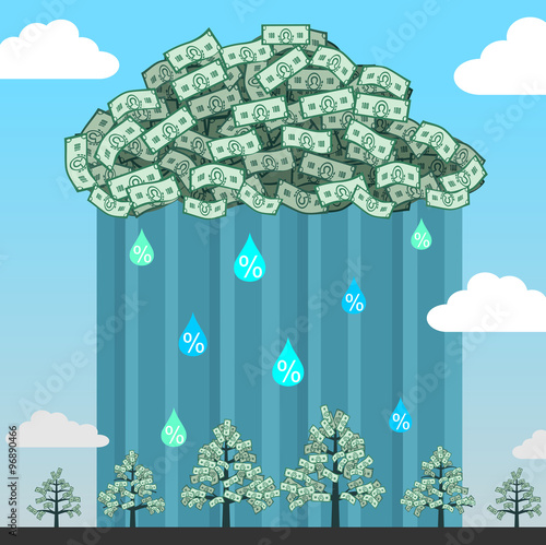 Monetary cloud in sky. Monetary cloud with rain of interest in the sky and shoots a money tree.