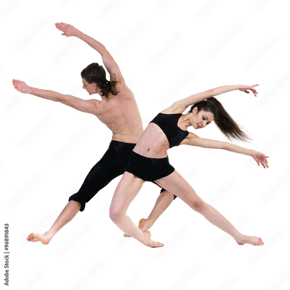 Obraz premium couple man and woman exercising fitness dancing on white background