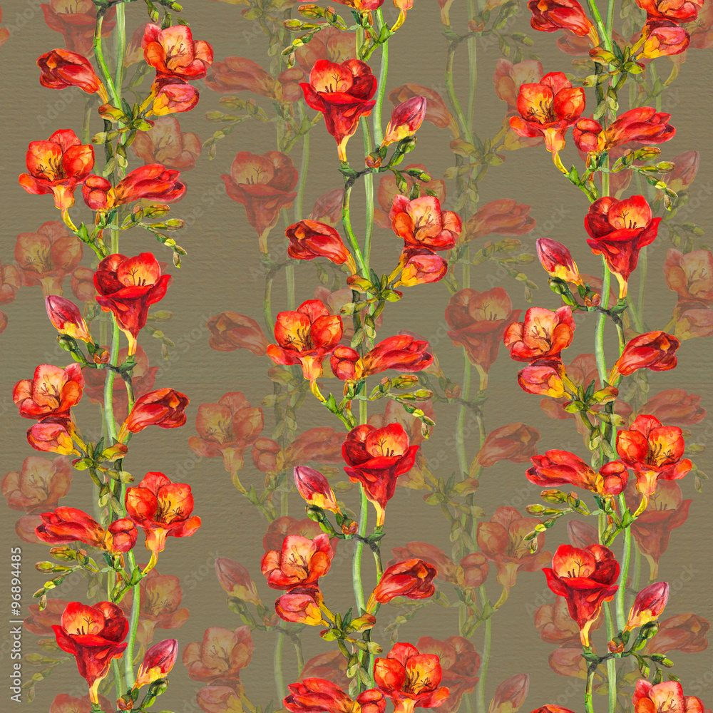 Repeated template with bright design - red exotic freesia flowers on old paper Repeated template with bright design - red exotic freesia flowers on old paper