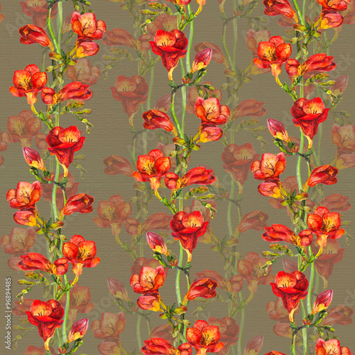 Repeated template with bright design - red exotic freesia flowers on old paper  © zzorik