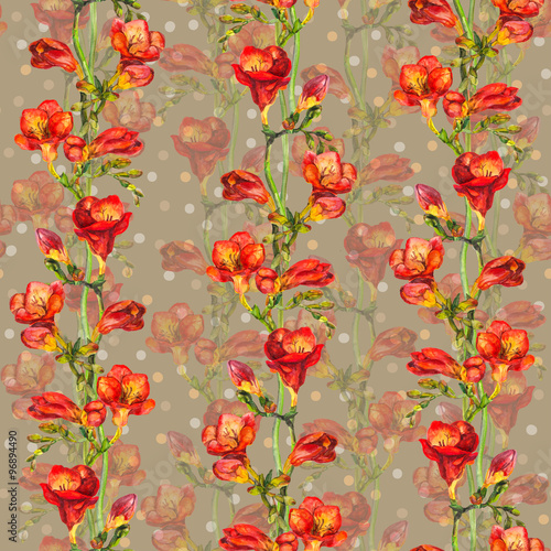 Seamless pattern with red freesias flowers on backdrop with pea  © zzorik