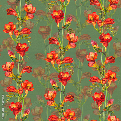 Bright seamless floral pattern with watercolor red freesia flower on paper texture  © zzorik