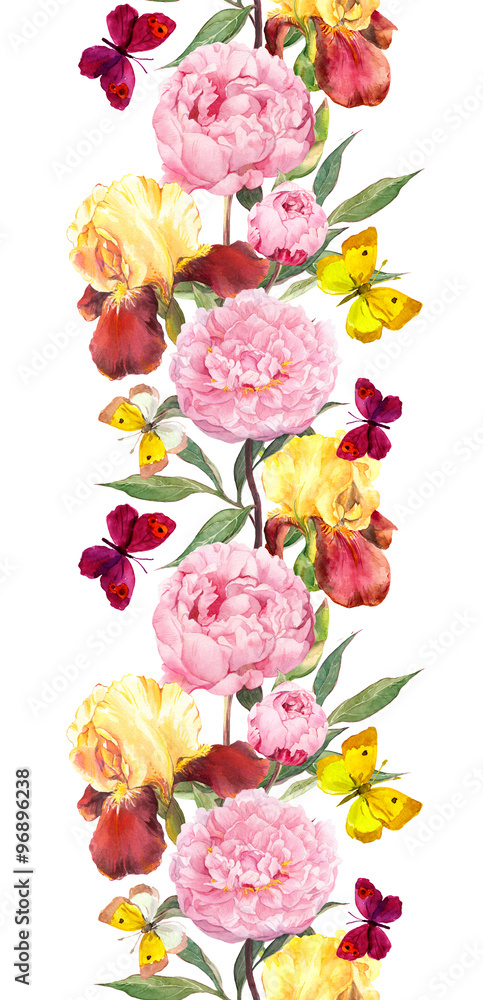 Peony, iris flowers and summer butterflies. Repeated border strip. Water color