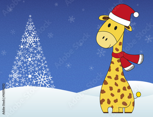 Christmas festive giraffe on winter snowing background