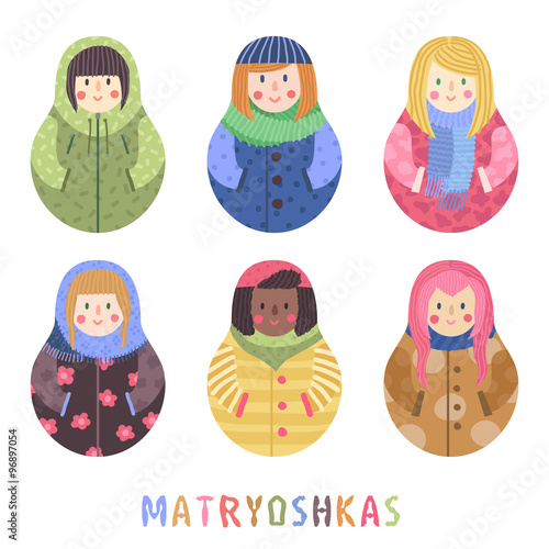 Modern cute and funny cartoon matryohkas russian dolls (brunette and pink hair). Best friends forever card and background. Girls (women) friendship.