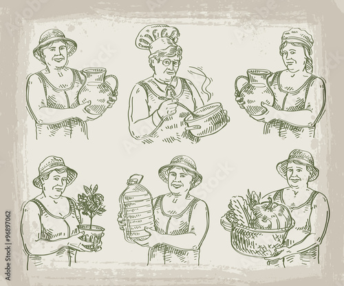 hand drawn sketch set of cook, chef, gardener and farmer. vector illustration