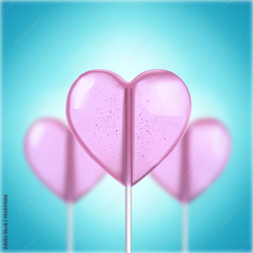 Vector realistic heart shaped hard candy on stick