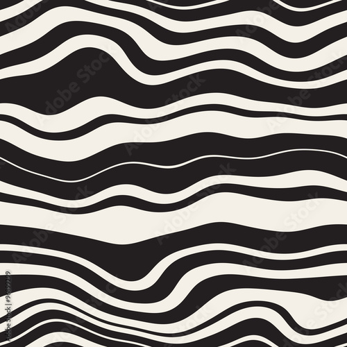 Vector Seamless Black and White  Wavy Parallel Distorted lines Pattern