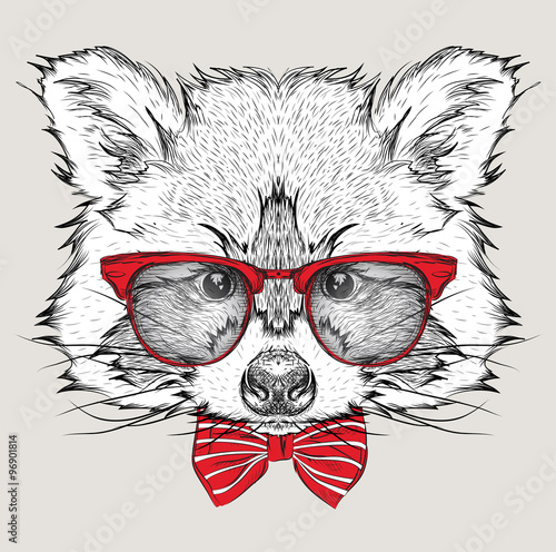 Image Portrait raccoon in the cravat and with glasses. Hand draw vector illustration.