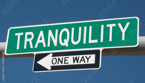 Tranquility printed on green overhead highway sign with one way arrow  © Rex Wholster