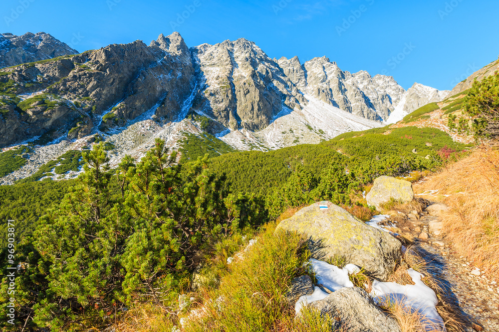 Naklejka premium View of mountains covered with snow in autumn landscape of Hincova valley, Tatra Mountains, Slovakia