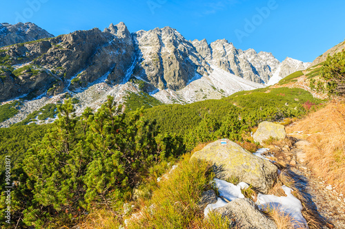 View of mountains covered with snow in autumn landscape of Hincova valley, Tatra Mountains, Slovakia