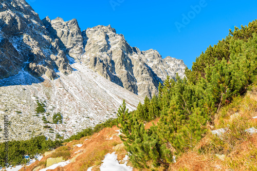 View of mountains covered with snow in autumn landscape of Hincova valley, Tatra Mountains, Slovakia
