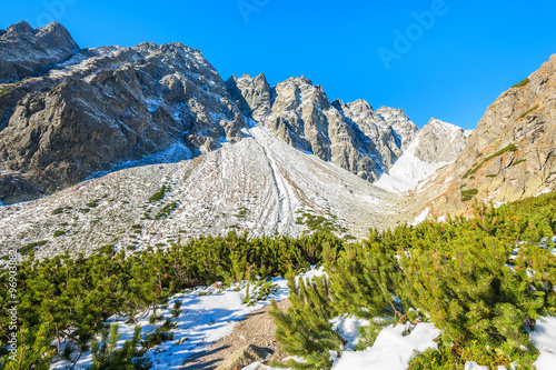 View of mountains covered with snow in autumn landscape of Hincova valley, Tatra Mountains, Slovakia