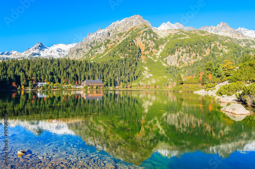 Reflection of mountains in Popradske lake in autumn colours of Tatra Mountains, Slovakia