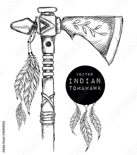 Native Indian tomahawk. Indian weapon. Hand draw vector illustration