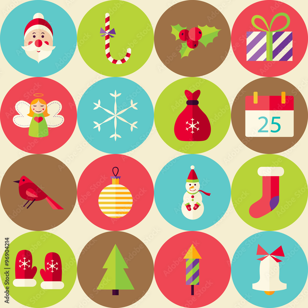 Beige Vector Flat Merry Christmas Seamless Pattern Set with Circ