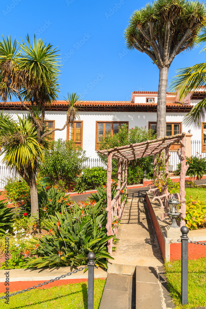 Typical colourful Canarian houses and tropical plants in La Orotava town, Tenerife, Canary Islands, Spain
