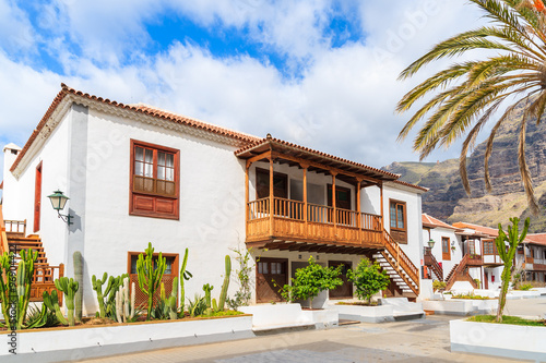 Traditional Canary style apartment buildings in Los Gigantes town, Tenerife, Canary Islands, Spain