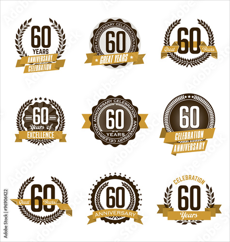 Vector Set of Retro Anniversary Gold Badges 60th Years Celebrating