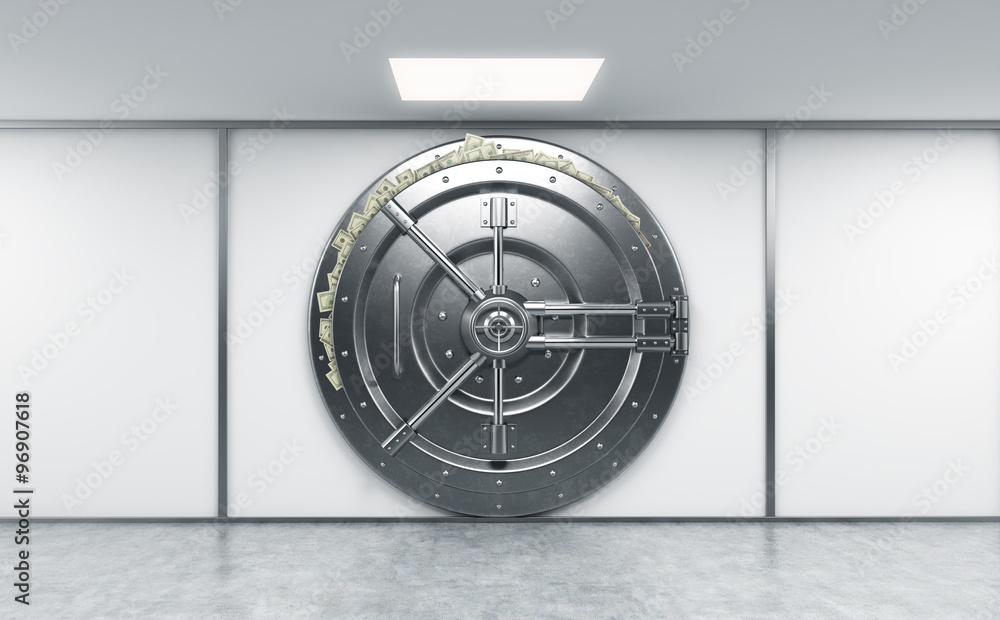 3D rendering of a big locked round metal safe in a bank deposito 3D rendering of a big locked round metal safe in a bank deposito