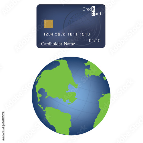 Vector illustration of credit or debit card and world globe. Globe icon. E- commerce. Electronic money