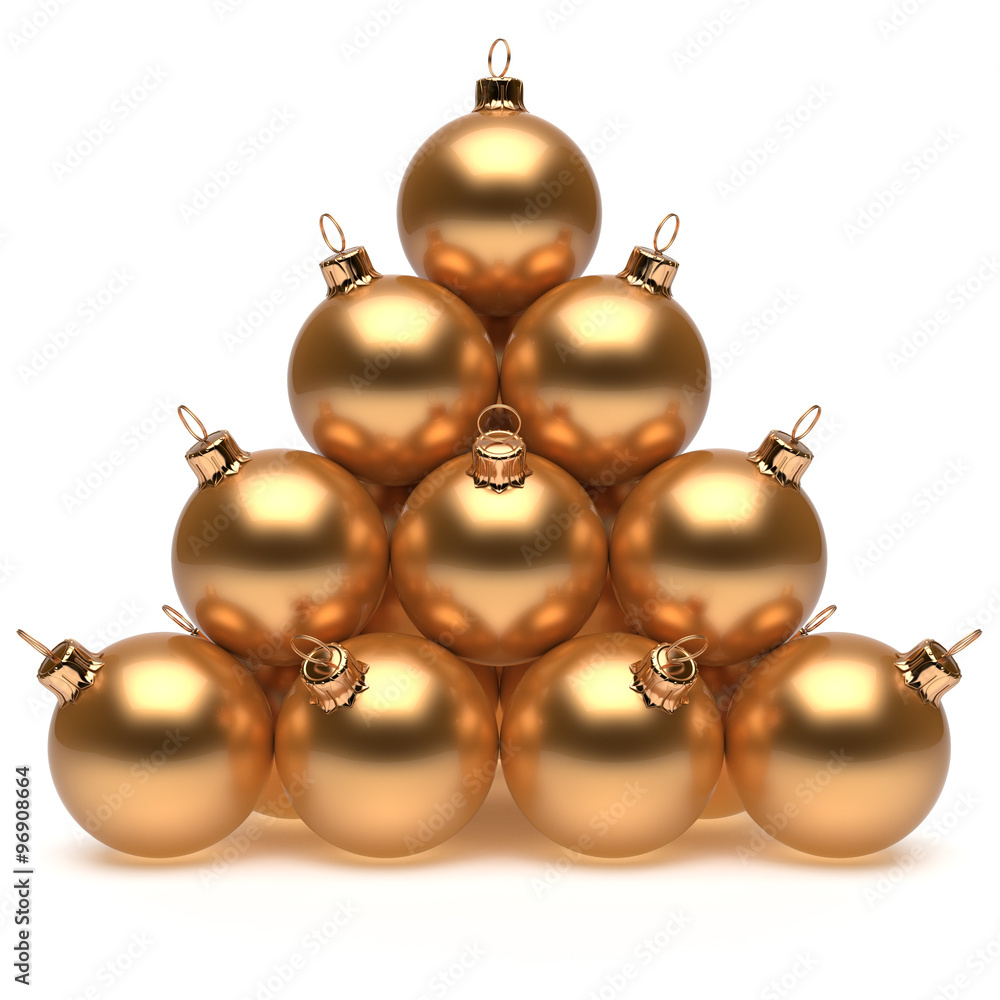 Pyramid Christmas balls golden New Year's Eve baubles group adornment decoration glossy spheres ornament. Happy Merry Xmas traditional wintertime holidays celebrate greeting card concept. 3d render Pyramid Christmas balls golden New Year's Eve baubles group adornment decoration glossy spheres ornament. Happy Merry Xmas traditional wintertime holidays celebrate greeting card concept. 3d render