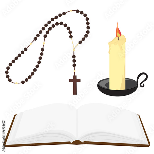 Bible, rosary beads and candle