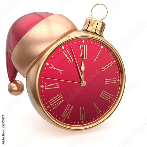 Alarm clock Christmas ball decoration New Year's Eve bauble Santa hat ornament red golden. Traditional wintertime future midnight countdown beginning holidays time symbol adornment. 3d render isolated