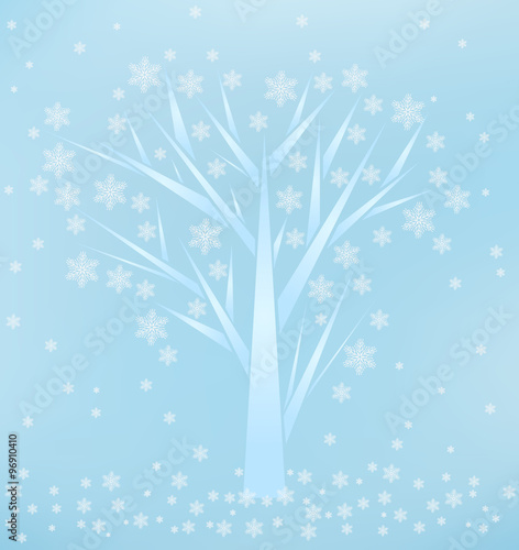 Winter background with tree and snowflakes.