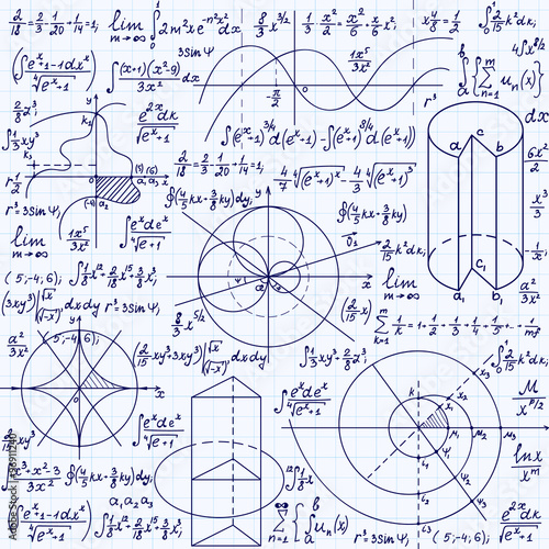 Math vector seamless texture with formulas, plots, algebraic and geometric figures and functions, "handwritten on a grid copybook paper"