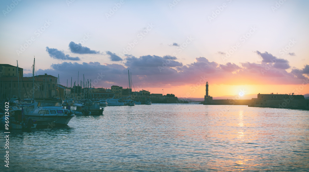 Beautiful sunset over the bay in Chania, Crete.