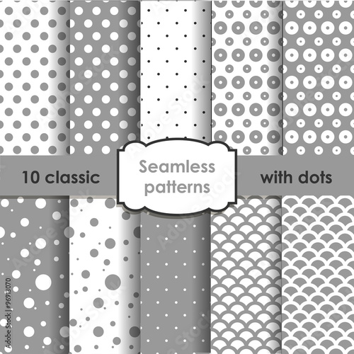 Set of classic grey seamless patterns with dots